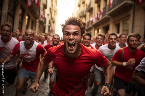 Lively crowd running with the bulls during San Fermín, Generative AI