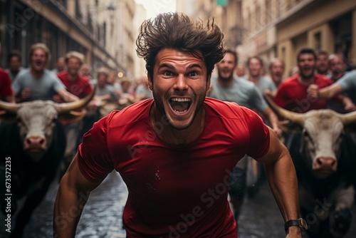 Lively crowd running with the bulls during San Fermín, Generative AI photo