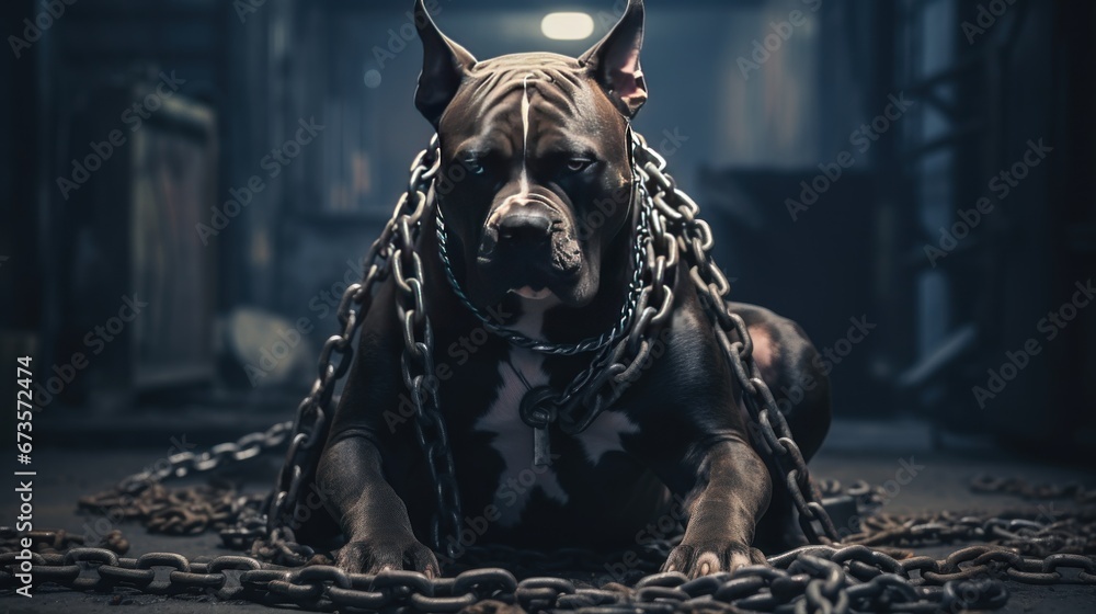 American Pit Bully dog with fierce and muscular muscles in a room with chains. The background of the photograph is a oppressive and confined environment. There is some smoke in the background. - obrazy, fototapety, plakaty 