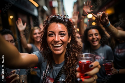 Revelers celebrating with sangria in the streets of Pamplona, San Fermín, Generative AI