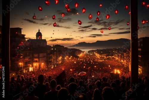 San Fermín cityscape at dusk, capturing the essence of this vibrant and traditional festival, Generative AI photo