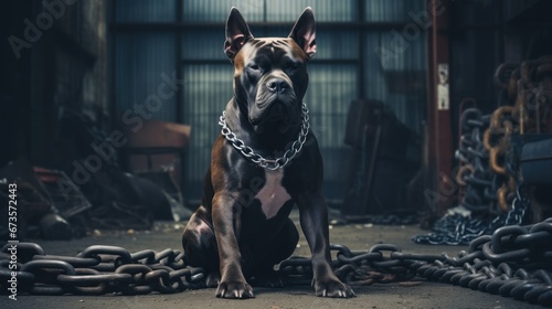 American Pit Bully dog with fierce and muscular muscles in a room with chains. The background of the photograph is a oppressive and confined environment. There is some smoke in the background. photo