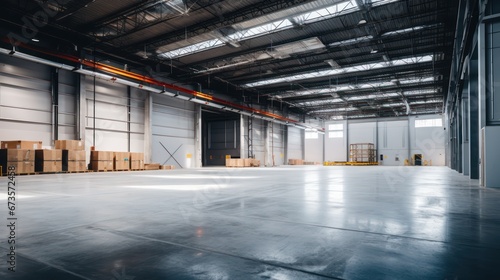 A Empty warehouse with concrete floor inside industrial building Use it as a large factory, warehouse, hangar or factory. Modern interior with steel structure with space for an industrial background.