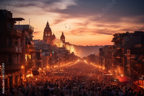 San Fermín cityscape at dusk, capturing the essence of this vibrant and traditional festival, Generative AI photo