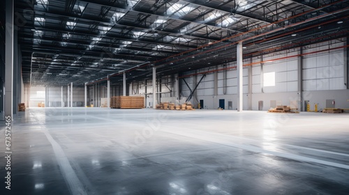 A Empty warehouse with concrete floor inside industrial building Use it as a large factory, warehouse, hangar or factory. Modern interior with steel structure with space for an industrial background.