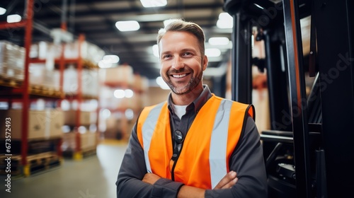 A Portrait of a professional industrial worker driving a forklift, a team of quality control staff storing goods, shelving, Warehouse Workshop for factory workers, quality control engineers. photo