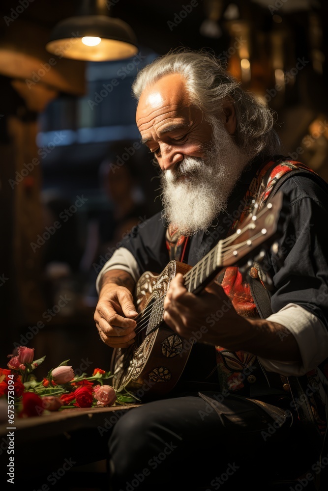 Local musician playing a traditional Basque instrument, adding to the festival's atmosphere, Generative AI Local musician playing a traditional Basque instrument, adding to the festival's atmosphere, Generative AI