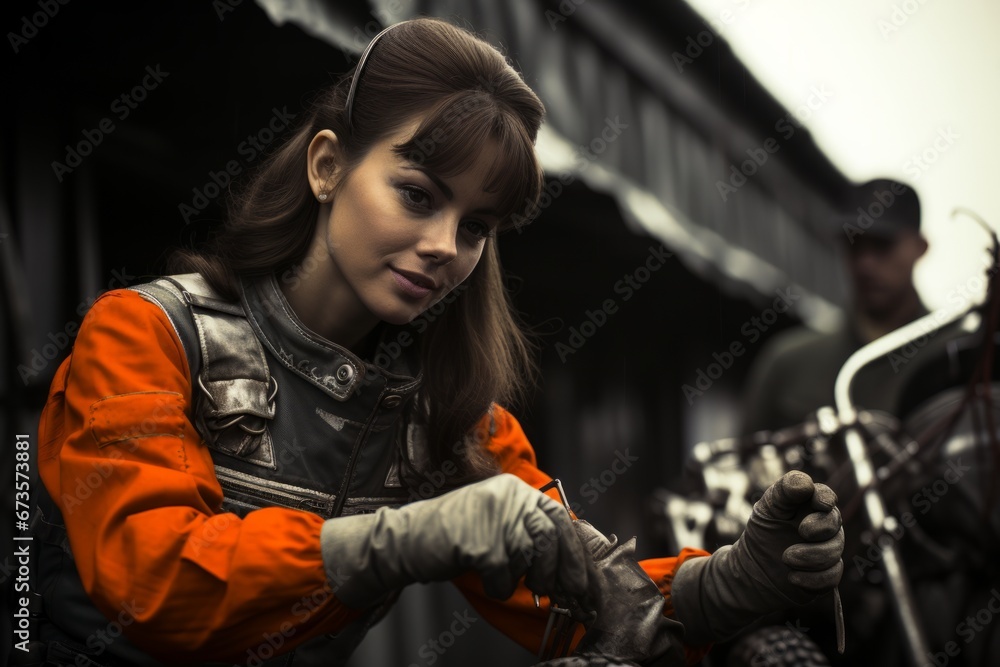 Umbrella girl assisting a racer during a pit stop, Generative AI Umbrella girl assisting a racer during a pit stop, Generative AI