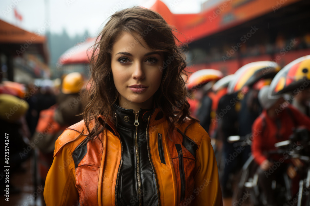 Umbrella girl posing with a motorbike in the race paddock, Generative AI