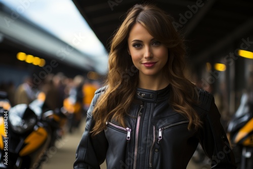 Umbrella girl posing with a motorbike in the race paddock, Generative AI