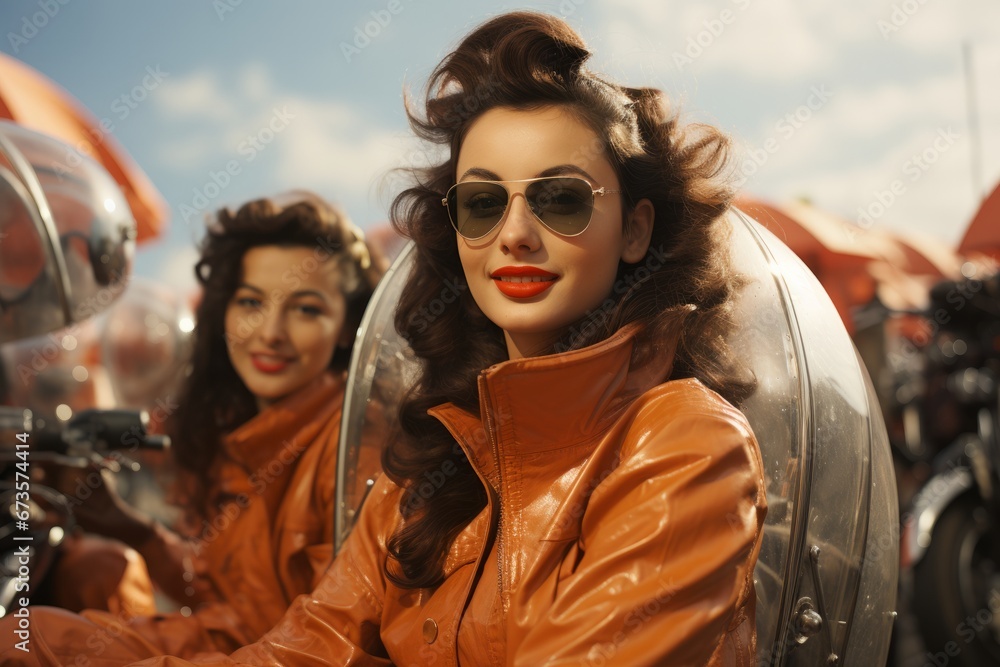 Umbrella girls in stylish outfits, adding glamour to the atmosphere at a motorbike race, Generative AI