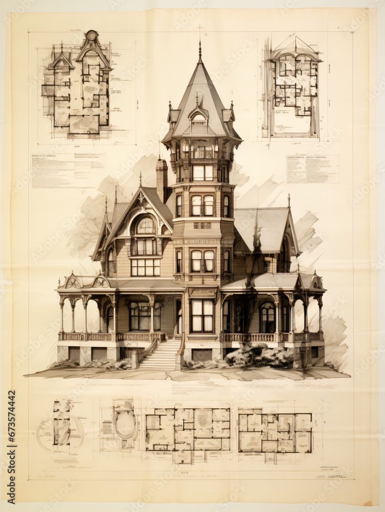 A vintage technical drawing of a house