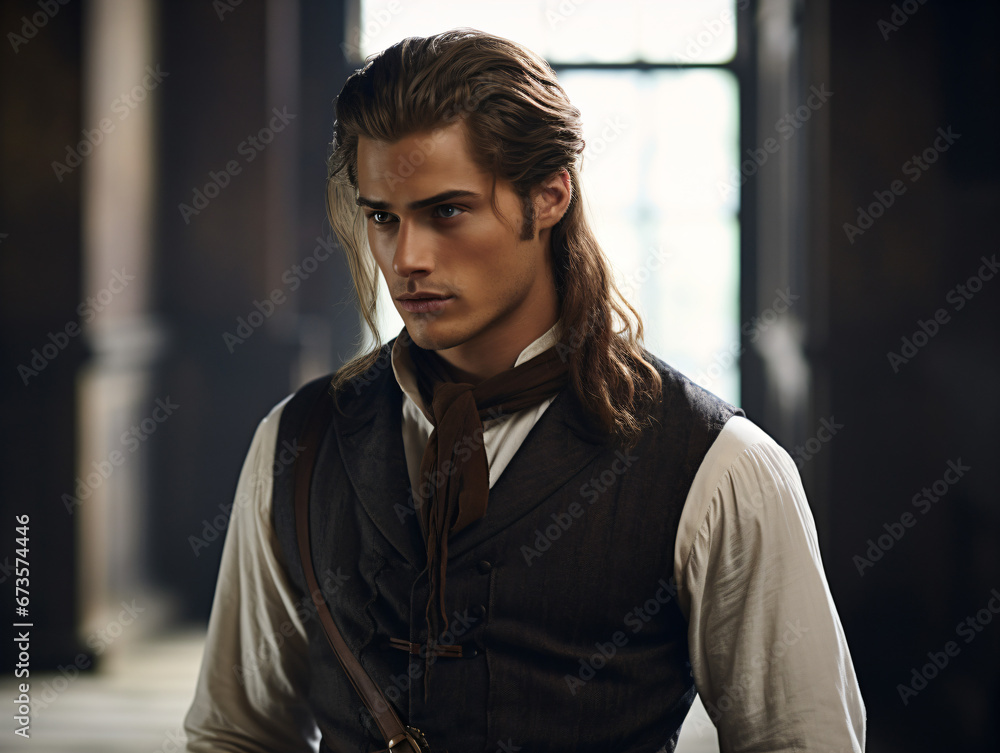 A handsome man with long hair wearing a colonial vest and bow tie A handsome man with long hair wearing a colonial vest and bow tie