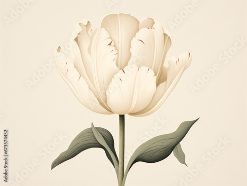 A white tulip flower with green leaves on a white background photo