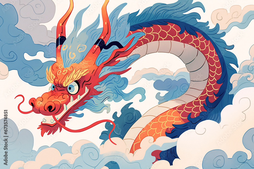 2024 Spring Festival Year of the Dragon illustration, national trend concept illustration of the dragon raising its head on February