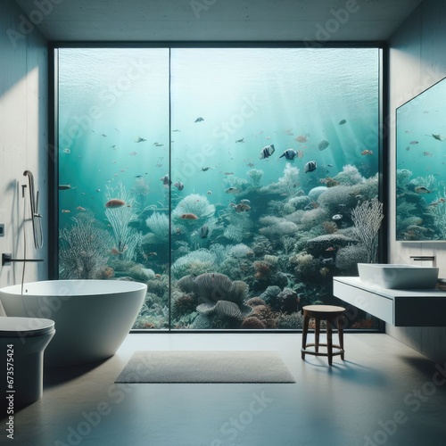 A modern bathroom with a large window that looks out onto an underwater scene. The window is floor to ceiling and takes up the entire wall