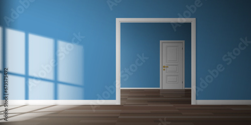 empty blur color room interior with open doorway wooden floor window light