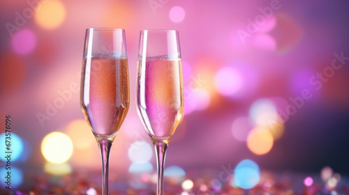 A two glass of sparkling wine on a colorful confetti on blur festive background