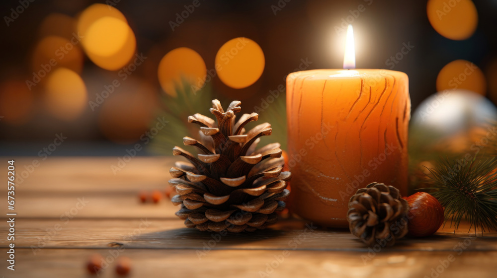 Burning candle on a wooden table with fall decoration Burning candle on a wooden table with fall decoration
