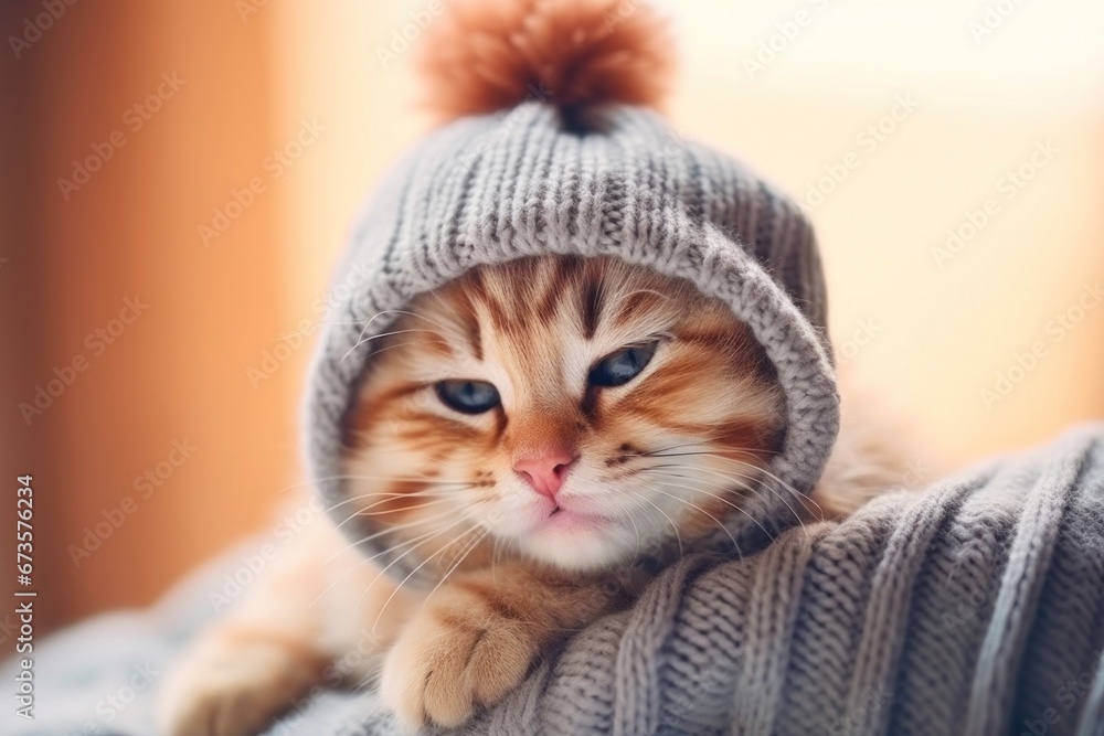 Cute little fluffy kitten in a knitted hat Cute little fluffy kitten in a knitted hat