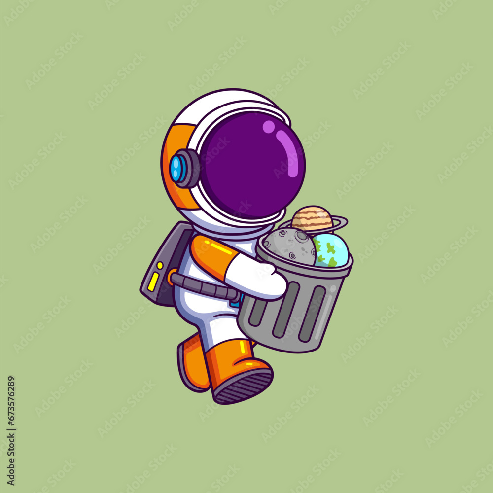 cute astronaut carrying a trash can containing planets. Science Technology Icon Concept