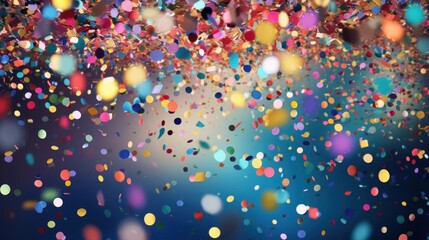 A festive and colorful party with flying neon confetti on a golden background