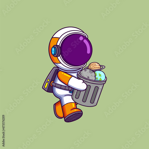 cute astronaut carrying a trash can containing planets. Science Technology Icon Concept