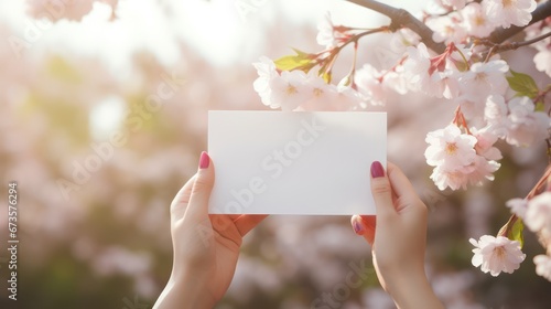 Hand held blank greeting card template with spring cherry blossom background theme