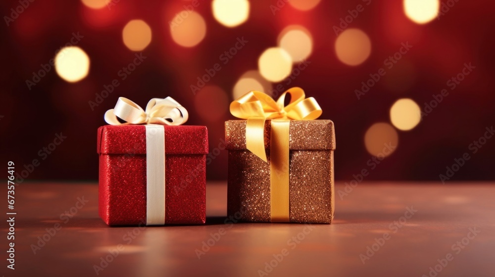 Golden gift presents on a light dark red background with colorful bokeh and stars glittering Golden gift presents on a light dark red background with colorful bokeh and stars glittering