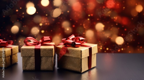 Golden gift presents on a light dark red background with colorful bokeh and stars glittering
