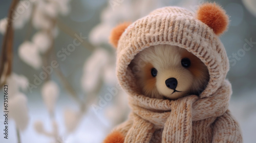 Toy bear with knitted hat and scarf
