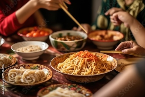 Close-up noodle, Around the table, happy people share in lunar new year photo