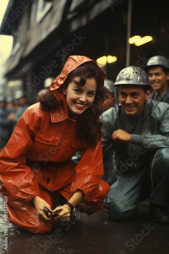 Umbrella girl assisting a racer during a high-speed pit stop, Generative AI
