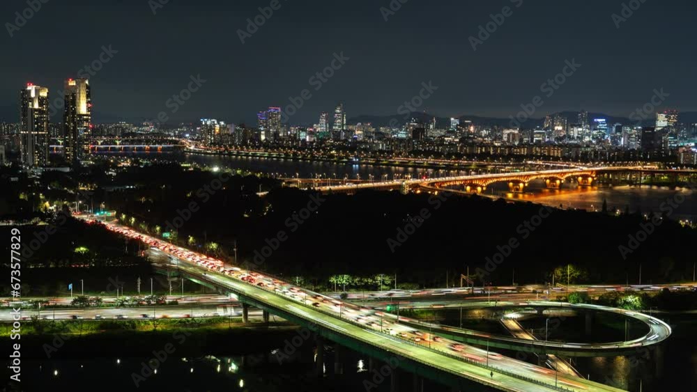 Seoul Cityscape Night Timelapse with Busy Car Traffic - Eungbong Mountain Seoul Cityscape Night Timelapse with Busy Car Traffic - Eungbong Mountain