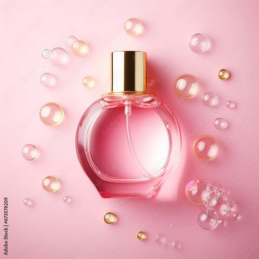 pink perfume bottle with a gold cap surrounded by bubbles in a pink background pink perfume bottle with a gold cap surrounded by bubbles in a pink background