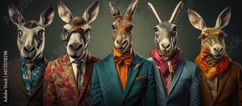 Animals wearing retro attire Humans with animal heads Artwork featuring concept graphics and photo manipulation for covers advertisements and clothing prints Included animals antelope cow do photo