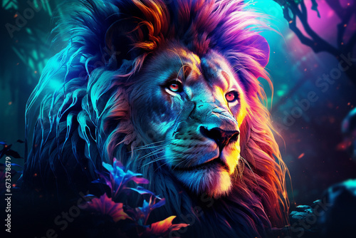Vibrant Lion  A Mesmerizing Neon Lion Illustration that Radiates Power and Elegance