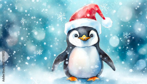 Cute penguin wearing a Santa hat in the falling snow Christmas Winter concept © V