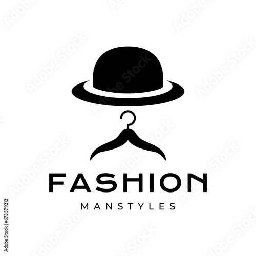 man fashion style rounded circle hat mustache hanger masculine logo design vector icon illustration