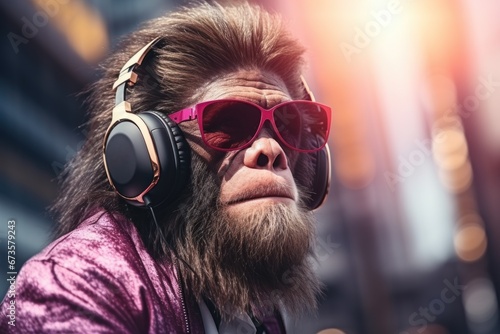 Tableau sur toile Portraits side view Fashionable monkey Humanized, Sunglasses ,Ear Headphones