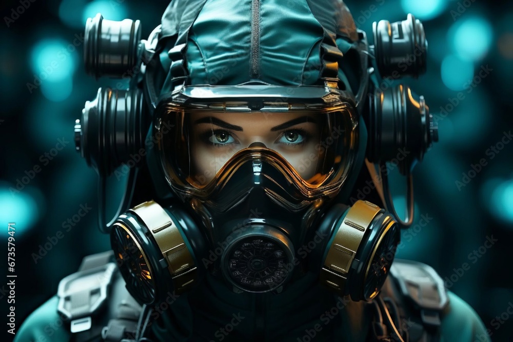 A person in a scrubbed uniform wearing glasses and gas mask. Generated AI A person in a scrubbed uniform wearing glasses and gas mask. Generated AI