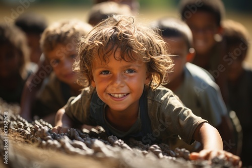 Children participating in a friendly tug-of-war competition during their summer camp, Generative AI