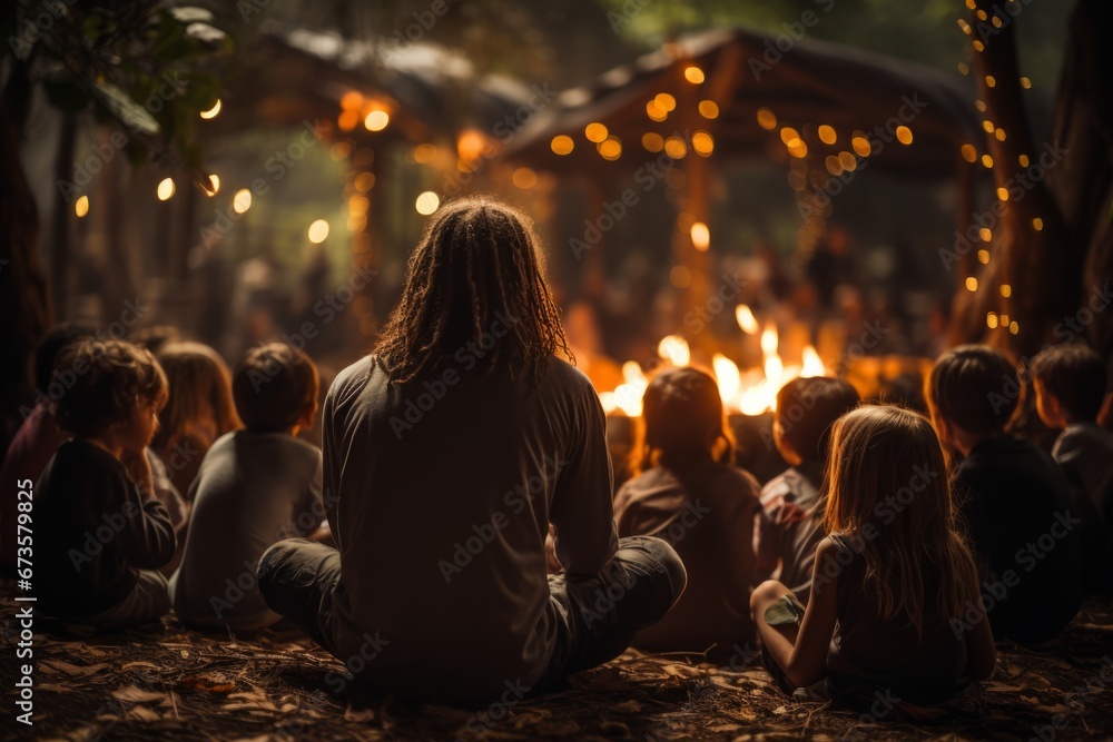 Kids gathered around a campfire, roasting marshmallows at a summer camp, Generative AI