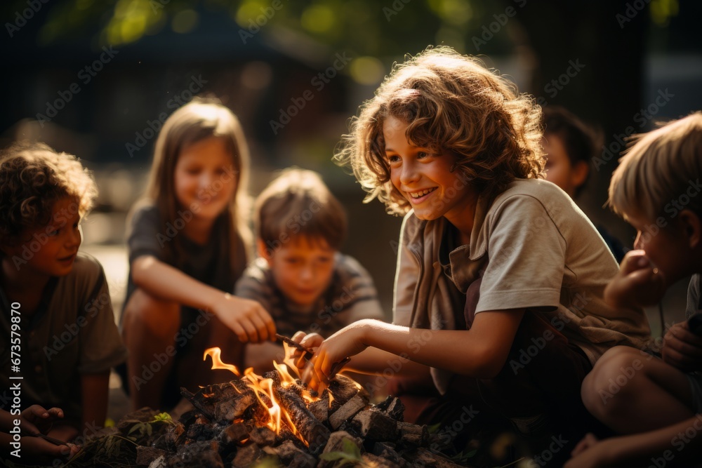 Kids gathered around a campfire, roasting marshmallows at a summer camp, Generative AI Kids gathered around a campfire, roasting marshmallows at a summer camp, Generative AI