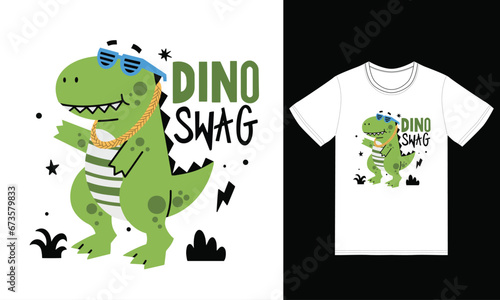 Cute Dino swag illustration with tshirt design premium vector