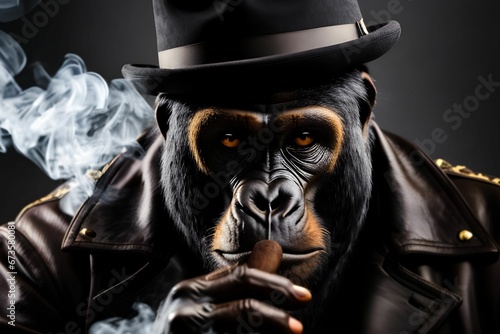 AI generated illustration of a gorilla in a stylish hat and leather jacket smoking a cigar