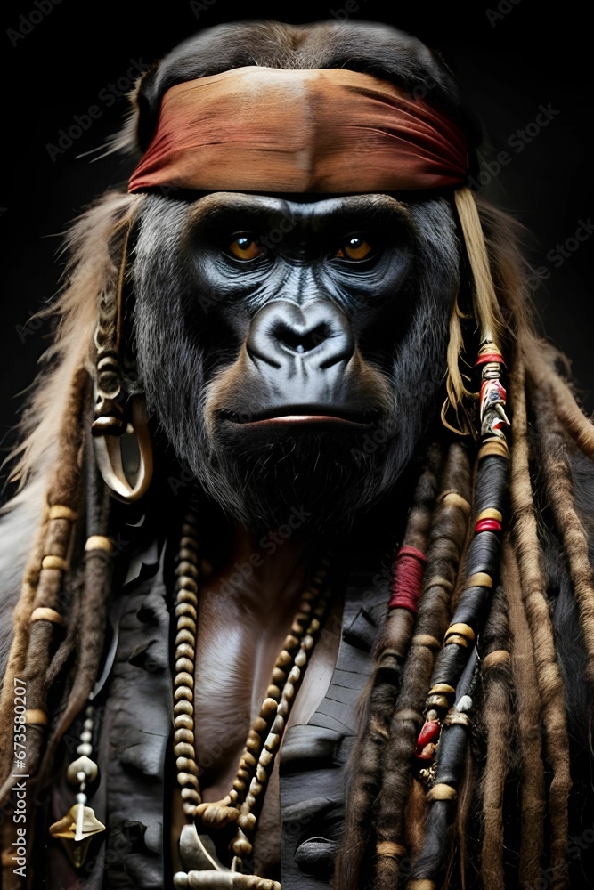 AI generated illustration of a portrait of a gorilla wearing dreadlocks and beaded jewelry