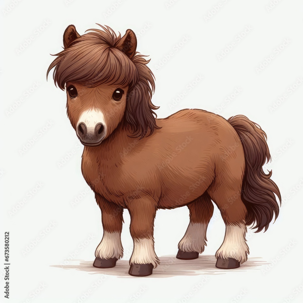 A small pony with a light brown coat and a darker brown mane and tail, standing on all fours and facing the viewer