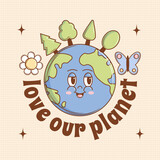 Love our Planet card in trendy groovy style. Funny sticker earth planet character and mascot. Vector art