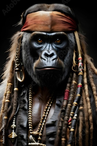 AI generated illustration of a portrait of a gorilla wearing dreadlocks and beaded jewelry
